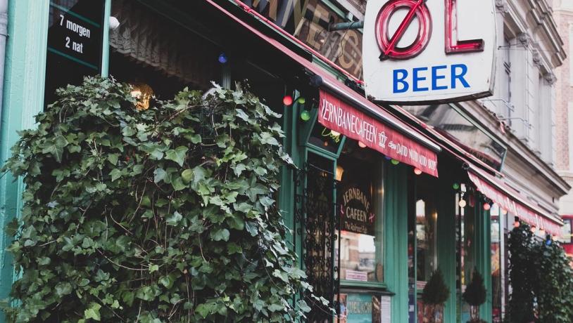 The exterior of Jernebane, a bodega or local bar in Copenhagen, Denmark