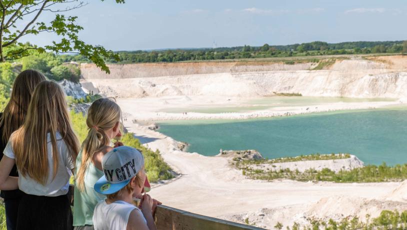 A family with kids watching a limestone quarry