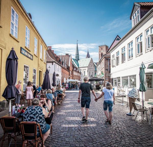 Couple hand in hand in cosy street in Ribe